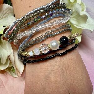 Midnight Onyx Black Beaded Bracelet Stack with elastic OS